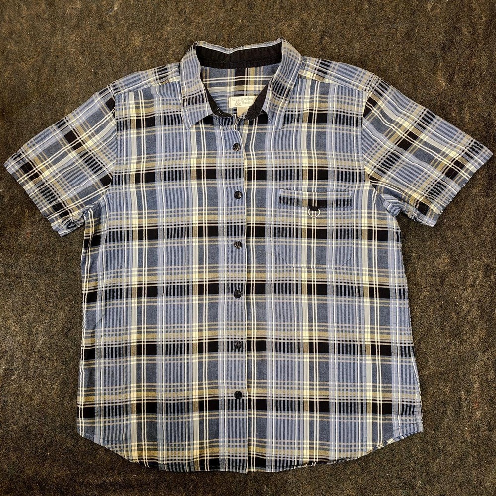 Vintage Christopher & Banks Women Size L Blue Plaid Short Sleeve Button Down Top